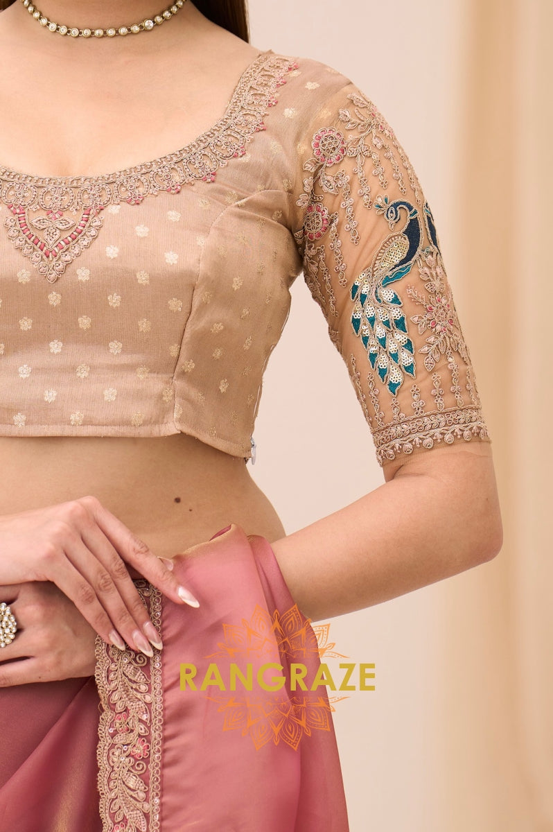 Dusty Rose Premium Georgette Tissue Embroidered Saree