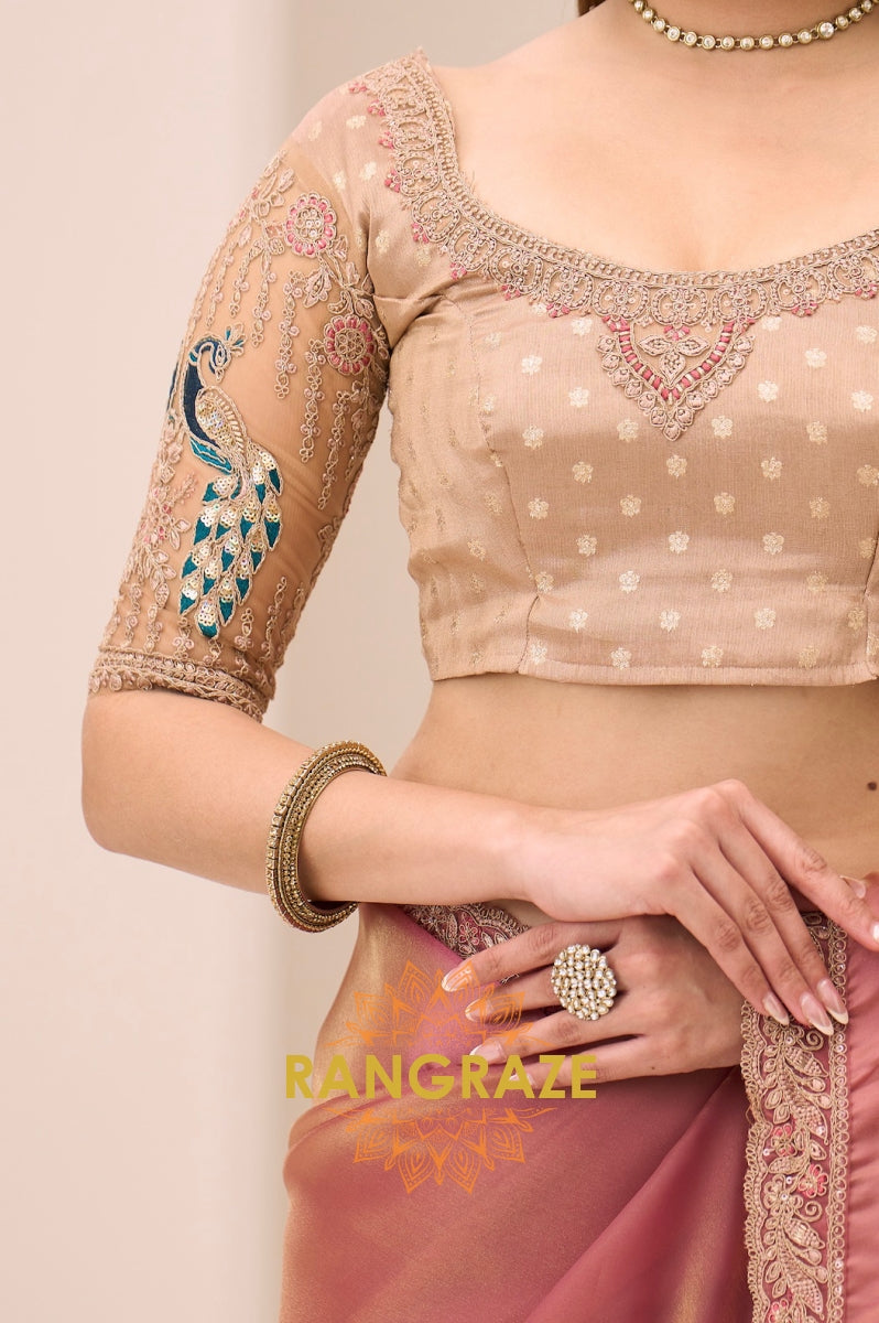 Dusty Rose Premium Georgette Tissue Embroidered Saree