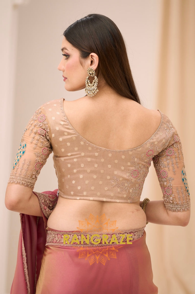 Dusty Rose Premium Georgette Tissue Embroidered Saree
