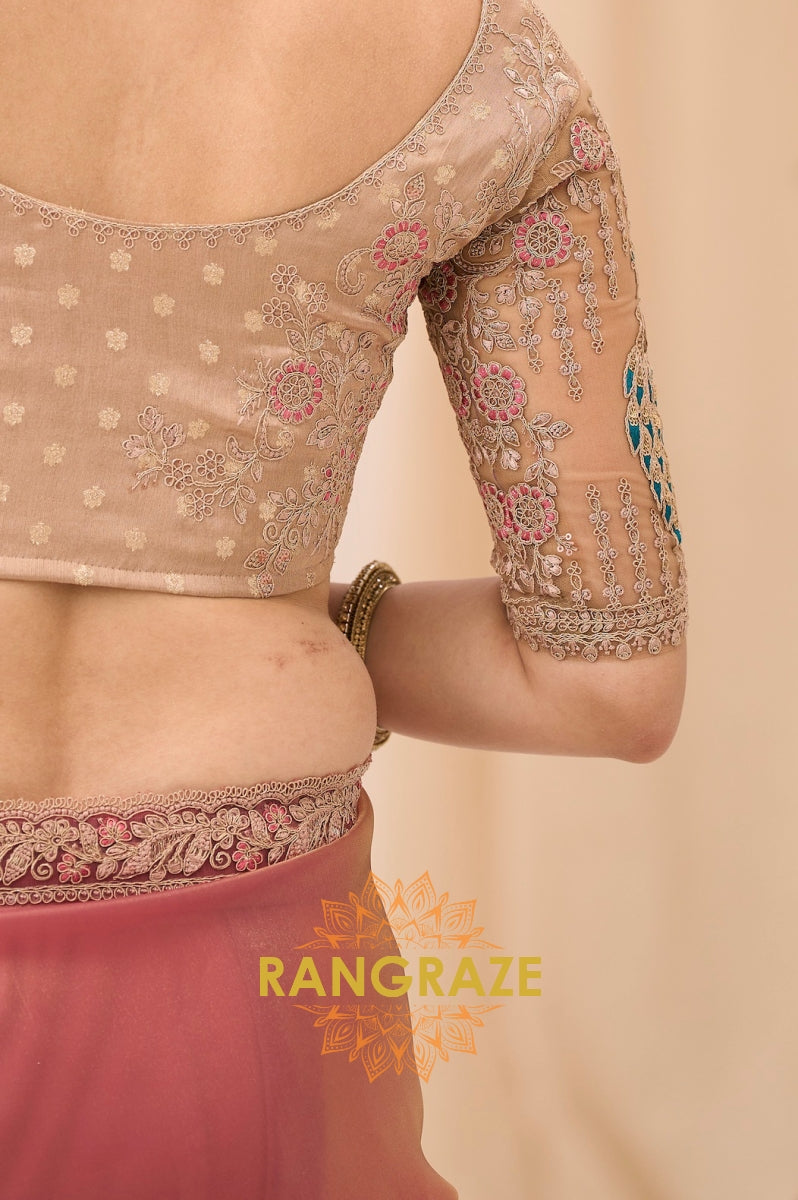 Dusty Rose Premium Georgette Tissue Embroidered Saree