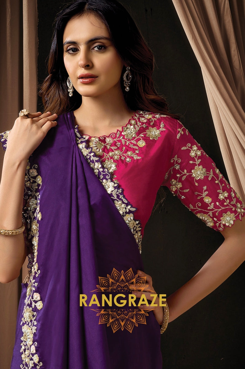 Purple Satin Silk Sequin Embroidered Saree with Contrast Designer Blouse