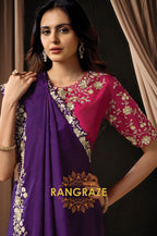 Purple Satin Silk Sequin Embroidered Saree with Contrast Designer Blouse