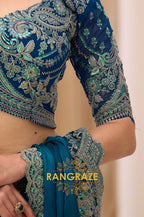 Teal Green Satin Chiffon Embroidery Saree with Designer Blouse