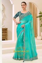 Aqua Blue Premium Georgette Tissue Embroidered Saree with Designer Blouse