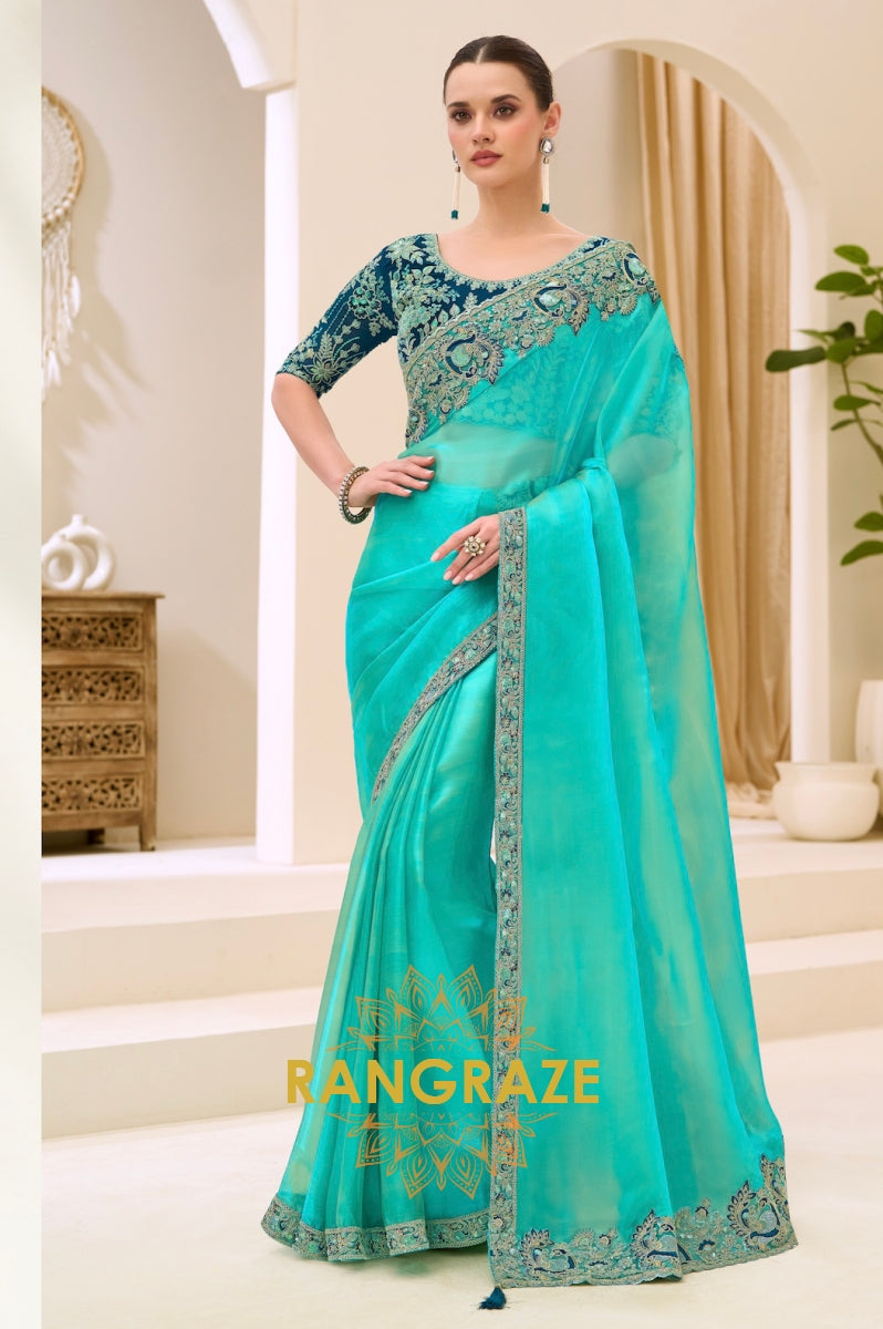 Aqua Blue Premium Georgette Tissue Embroidered Saree with Designer Blouse