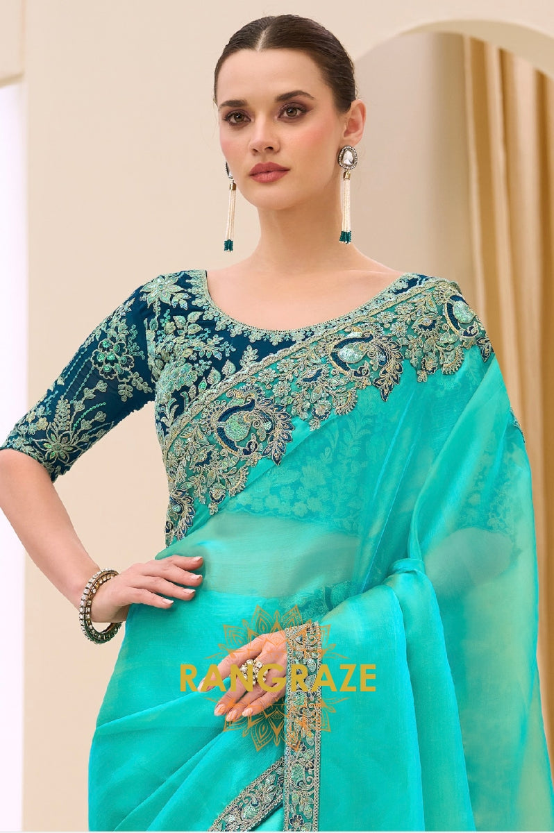 Aqua Blue Premium Georgette Tissue Embroidered Saree with Designer Blouse
