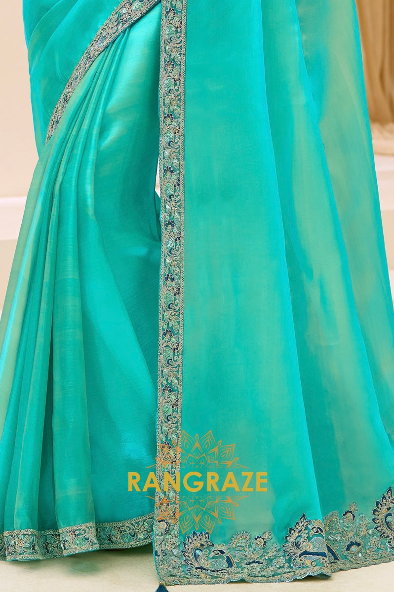 Aqua Blue Premium Georgette Tissue Embroidered Saree with Designer Blouse