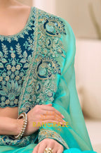 Aqua Blue Premium Georgette Tissue Embroidered Saree with Designer Blouse