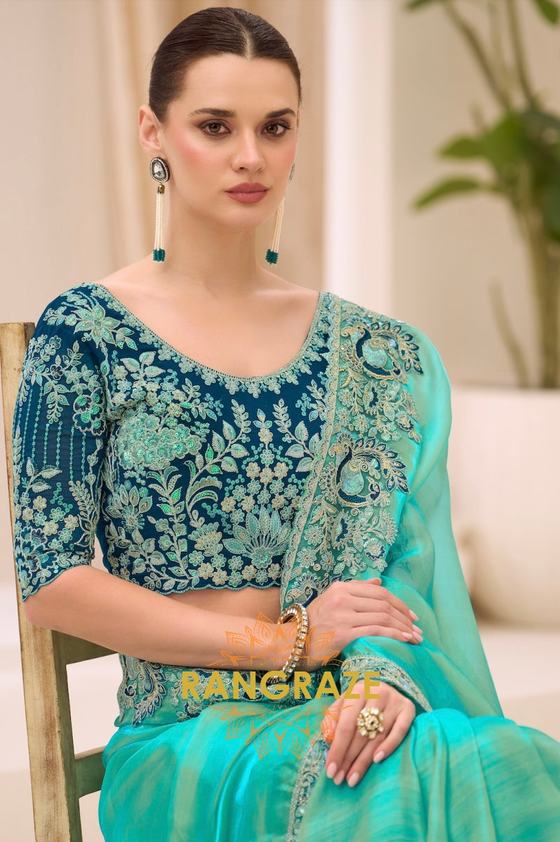 Aqua Blue Premium Georgette Tissue Embroidered Saree with Designer Blouse