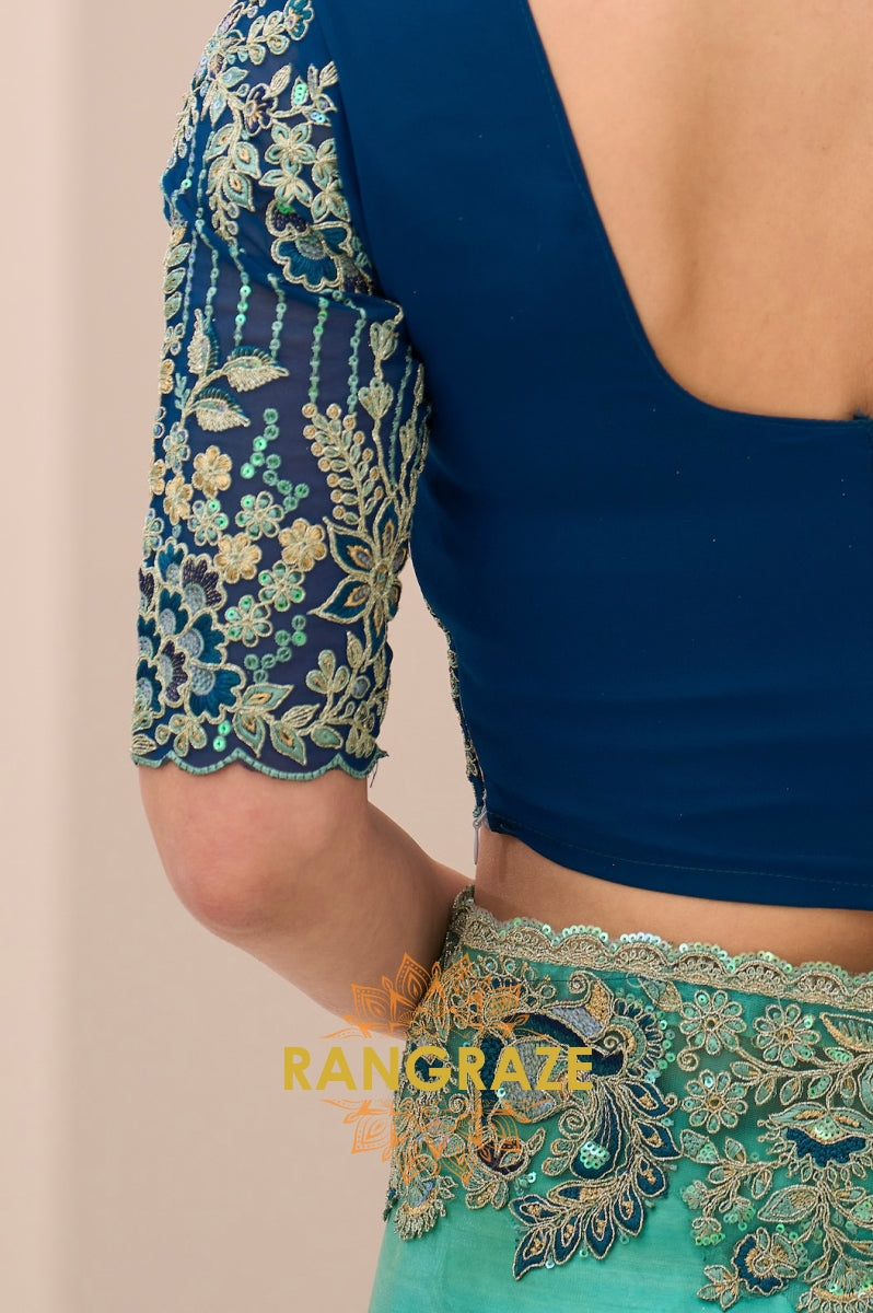 Aqua Blue Premium Georgette Tissue Embroidered Saree with Designer Blouse