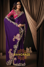 Purple Satin Silk Sequin Embroidered Saree with Contrast Designer Blouse