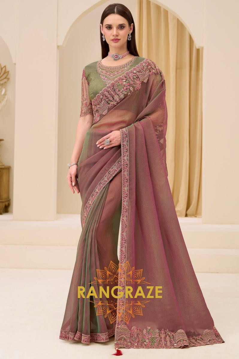 Dual-Tone Premium Georgette Embroidered Saree with Designer Blouse