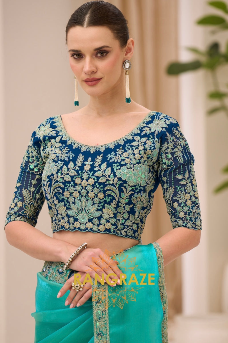 Aqua Blue Premium Georgette Tissue Embroidered Saree with Designer Blouse