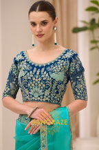 Aqua Blue Premium Georgette Tissue Embroidered Saree with Designer Blouse
