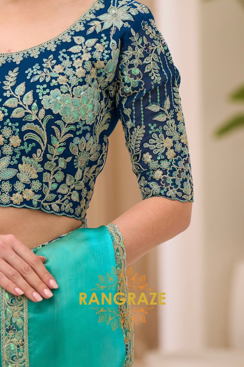 Aqua Blue Premium Georgette Tissue Embroidered Saree with Designer Blouse