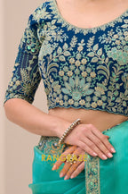 Aqua Blue Premium Georgette Tissue Embroidered Saree with Designer Blouse