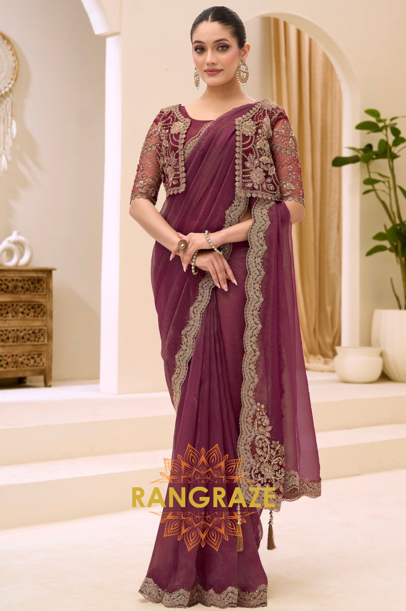 Wine Purple Premium Georgette Tissue Embroidered Saree with Designer Blouse