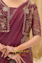 Wine Purple Premium Georgette Tissue Embroidered Saree with Designer Blouse
