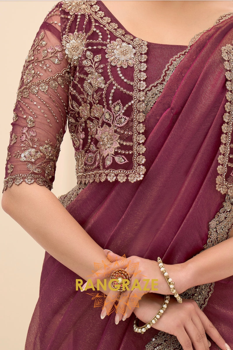 Wine Purple Premium Georgette Tissue Embroidered Saree with Designer Blouse