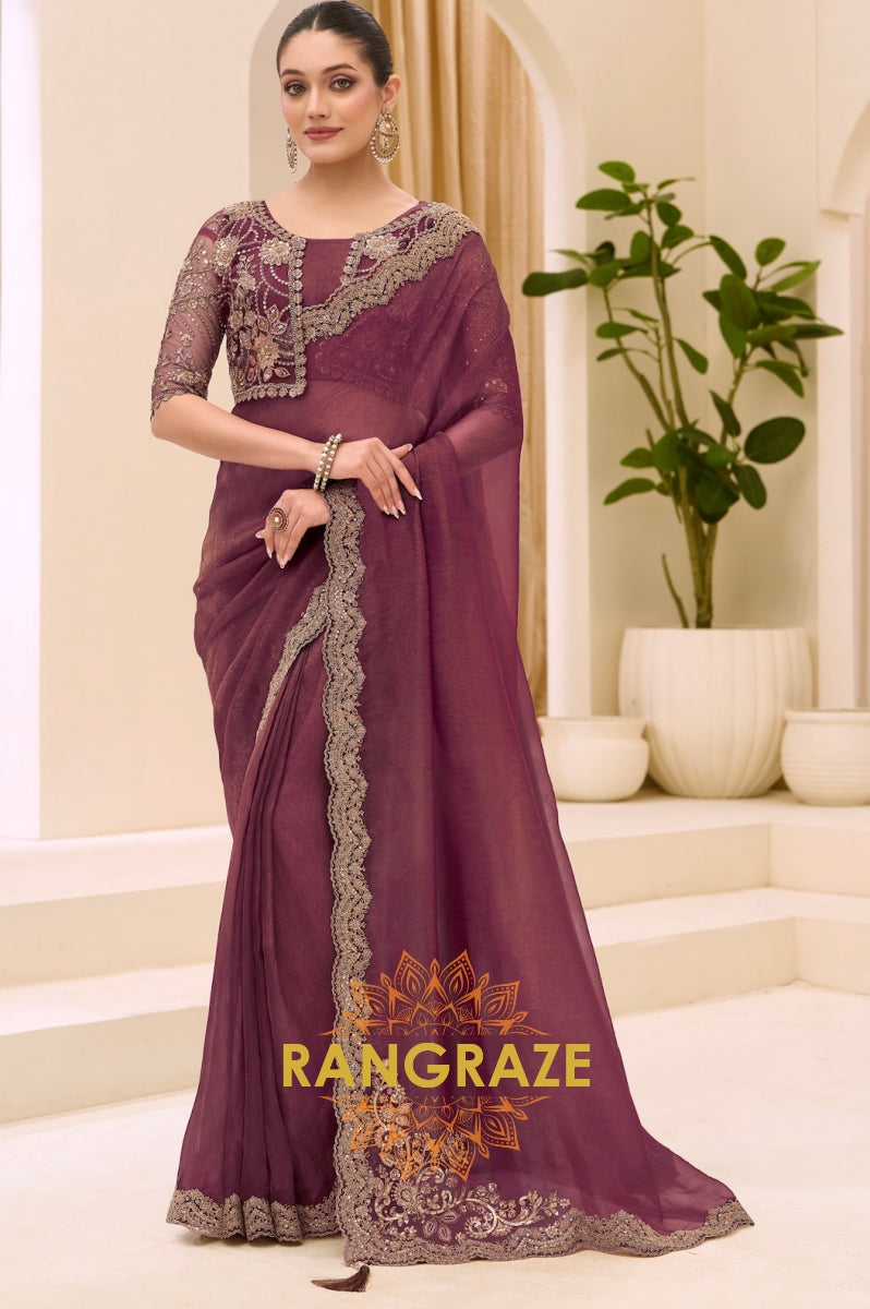 Wine Purple Premium Georgette Tissue Embroidered Saree with Designer Blouse