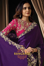 Purple Satin Silk Sequin Embroidered Saree with Contrast Designer Blouse