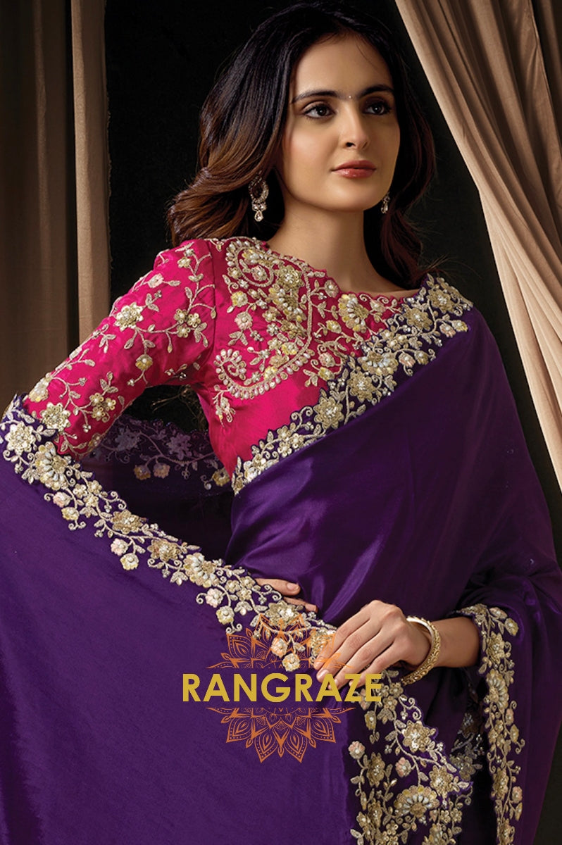 Purple Satin Silk Sequin Embroidered Saree with Contrast Designer Blouse