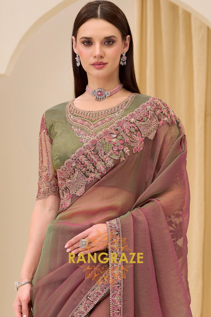 Dual-Tone Premium Georgette Embroidered Saree with Designer Blouse