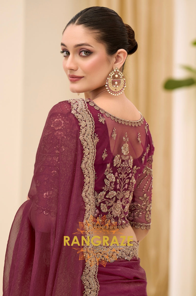 Wine Purple Premium Georgette Tissue Embroidered Saree with Designer Blouse