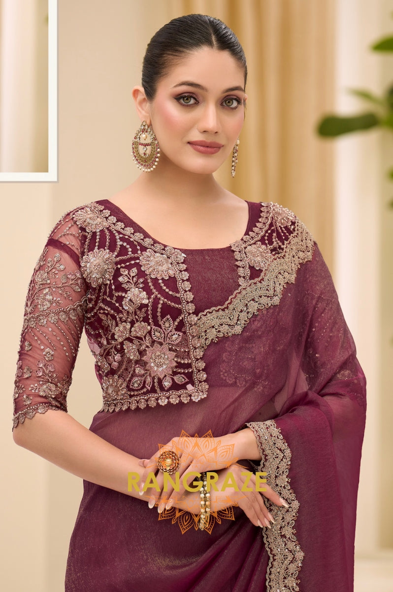 Wine Purple Premium Georgette Tissue Embroidered Saree with Designer Blouse