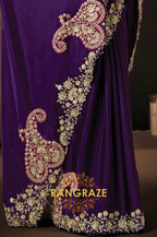 Purple Satin Silk Sequin Embroidered Saree with Contrast Designer Blouse