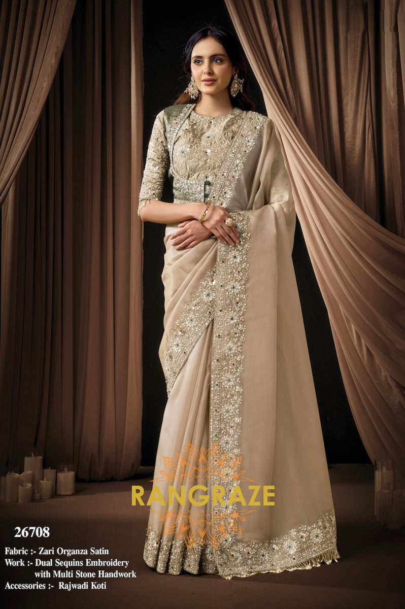 Champagne Zari Organza Satin Embroidered Saree with Rajwadi Koti Blouse