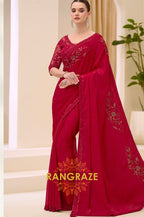 Elegant Red Satin Chiffon Embroidery Saree with Designer Blouse