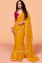 Mustard Gold Organza Satin Embroidered Saree with Contrast Blouse