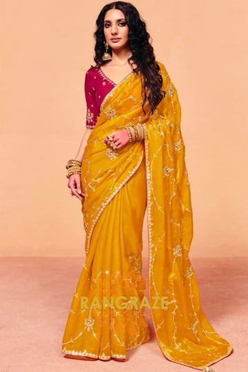 Mustard Gold Organza Satin Embroidered Saree with Contrast Blouse
