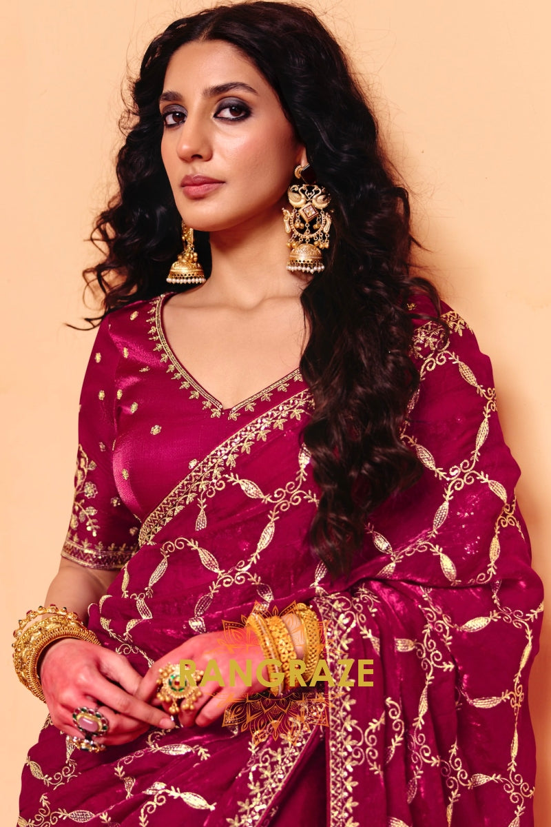 Royal Berry Organza Satin Embroidered Saree with Contrast Blouse