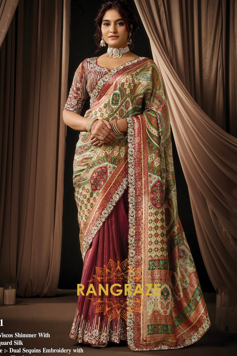 Maroon Multicolor Printed Satin Silk Embroidered Saree with Designer Blouse