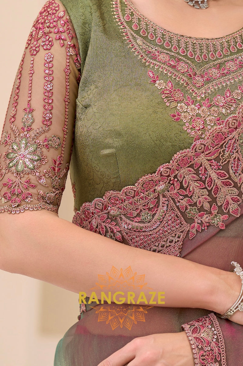 Dual-Tone Premium Georgette Embroidered Saree with Designer Blouse