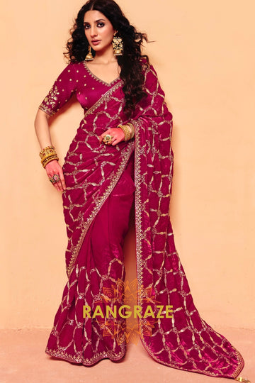 Royal Berry Organza Satin Embroidered Saree with Contrast Blouse