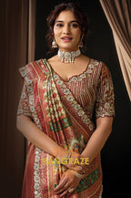 Maroon Multicolor Printed Satin Silk Embroidered Saree with Designer Blouse