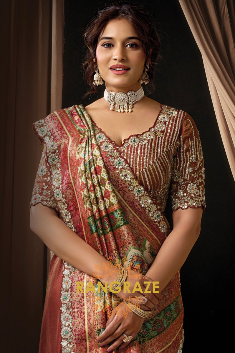Maroon Multicolor Printed Satin Silk Embroidered Saree with Designer Blouse