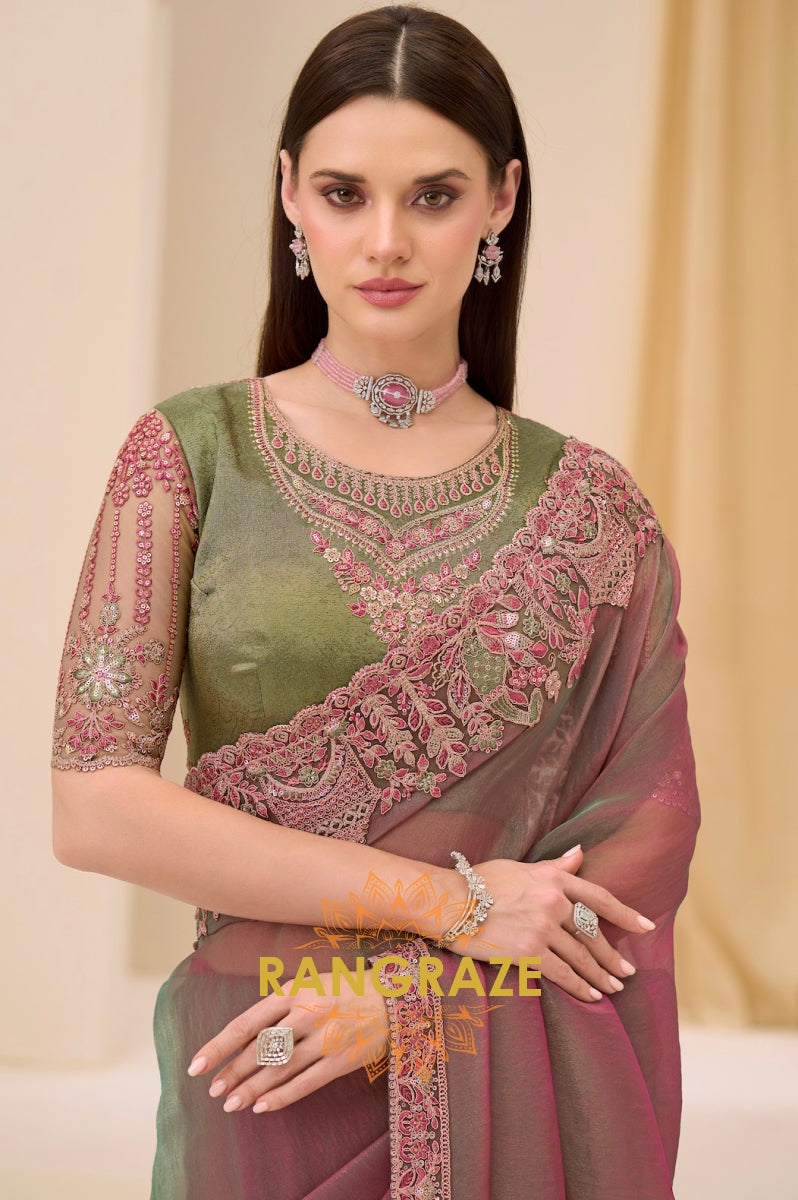 Dual-Tone Premium Georgette Embroidered Saree with Designer Blouse