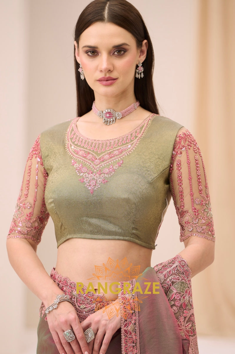 Dual-Tone Premium Georgette Embroidered Saree with Designer Blouse