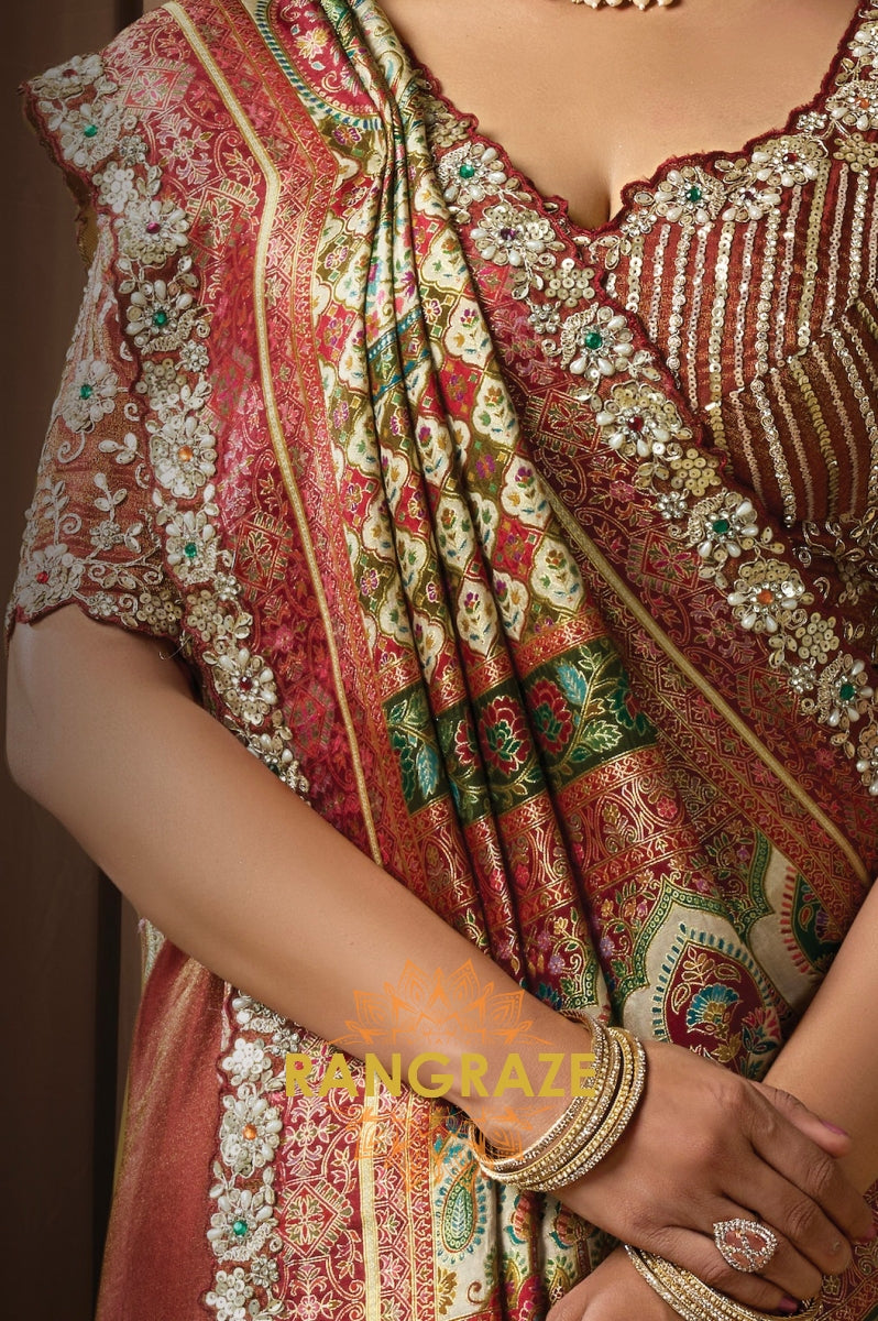 Maroon Multicolor Printed Satin Silk Embroidered Saree with Designer Blouse