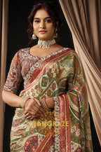 Maroon Multicolor Printed Satin Silk Embroidered Saree with Designer Blouse