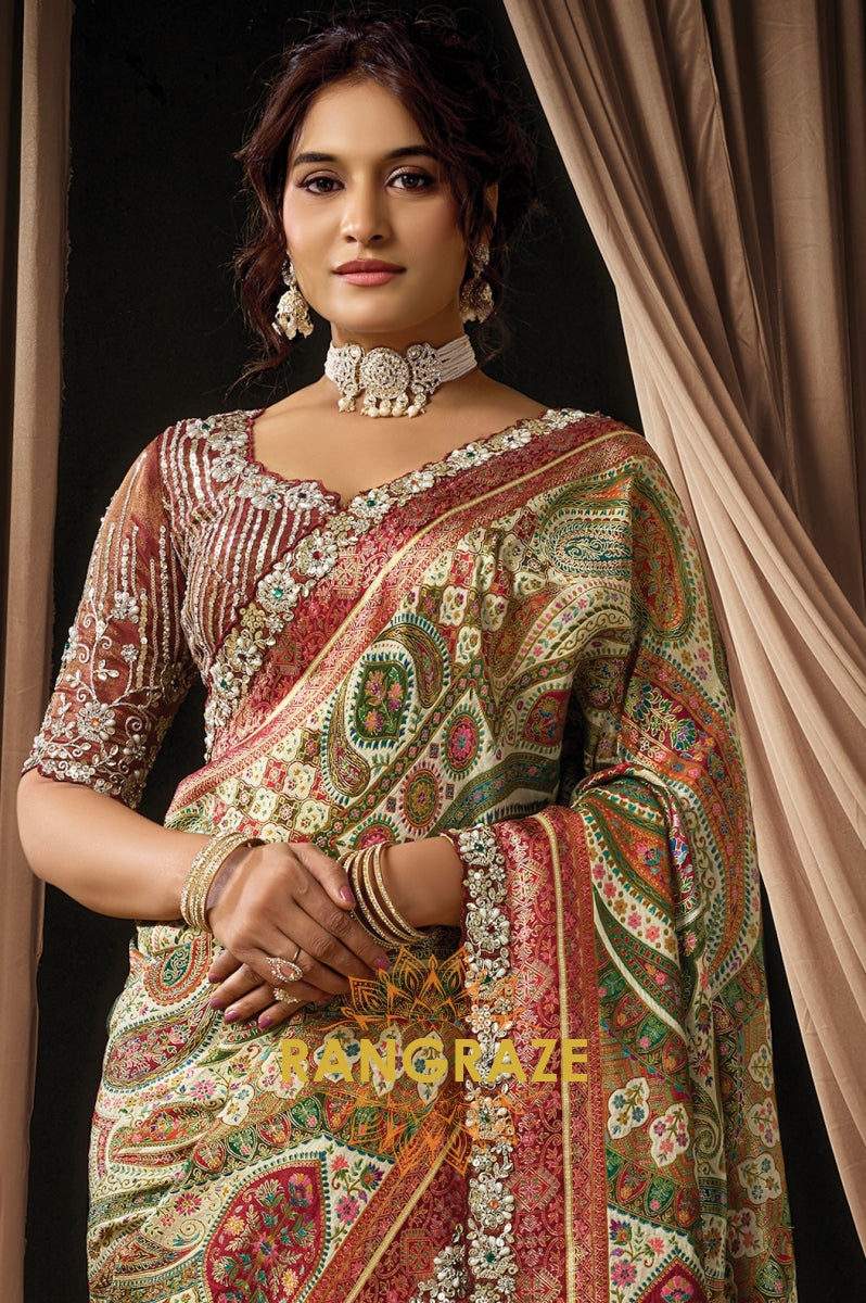Maroon Multicolor Printed Satin Silk Embroidered Saree with Designer Blouse