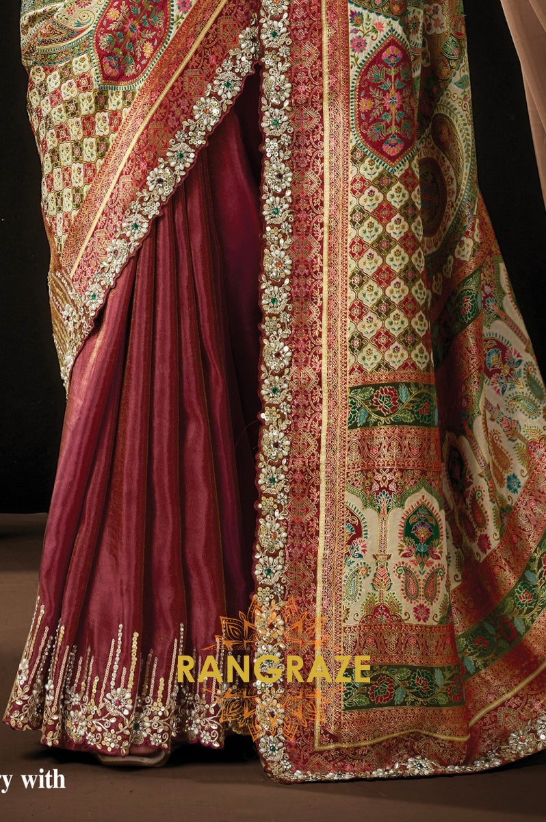 Maroon Multicolor Printed Satin Silk Embroidered Saree with Designer Blouse
