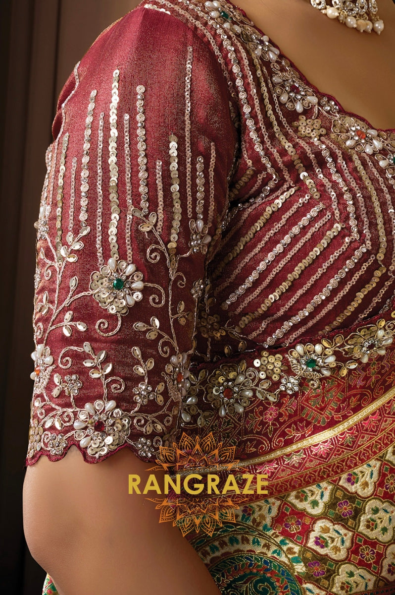 Maroon Multicolor Printed Satin Silk Embroidered Saree with Designer Blouse
