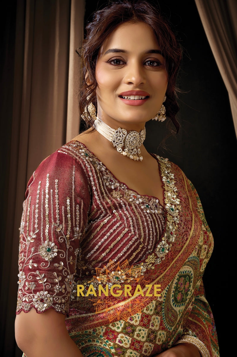 Maroon Multicolor Printed Satin Silk Embroidered Saree with Designer Blouse