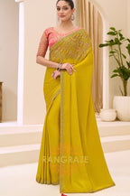 Mustard Yellow Satin Chiffon Embroidered Saree with Designer Blouse