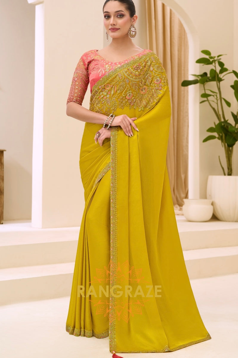 Mustard Yellow Satin Chiffon Embroidered Saree with Designer Blouse